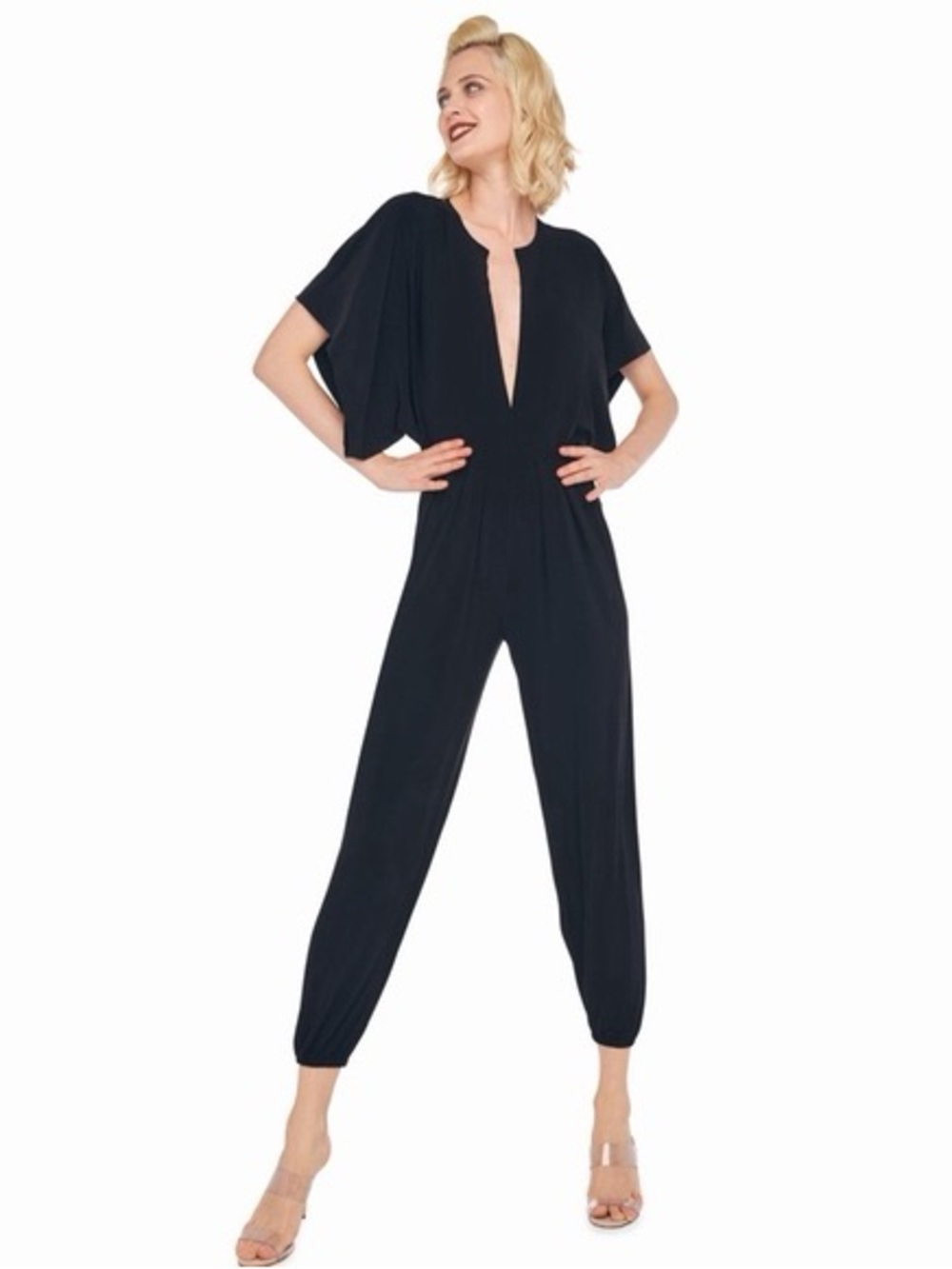 Norma Kamali Black Deep-V Jumpsuit with Draped Sleeves